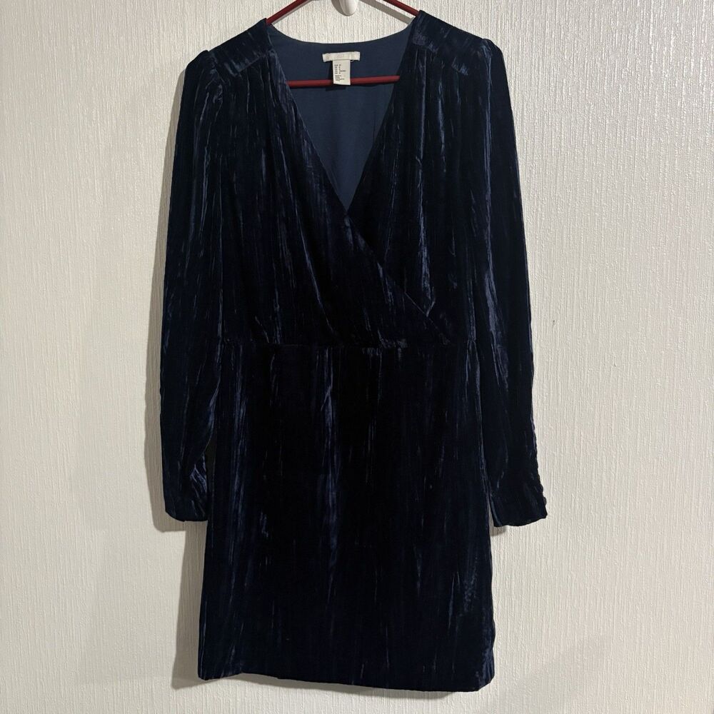 Blue Velvet V Neck Dress H & M Long Sleeve Party Wedding Fun Winter Women’s 8